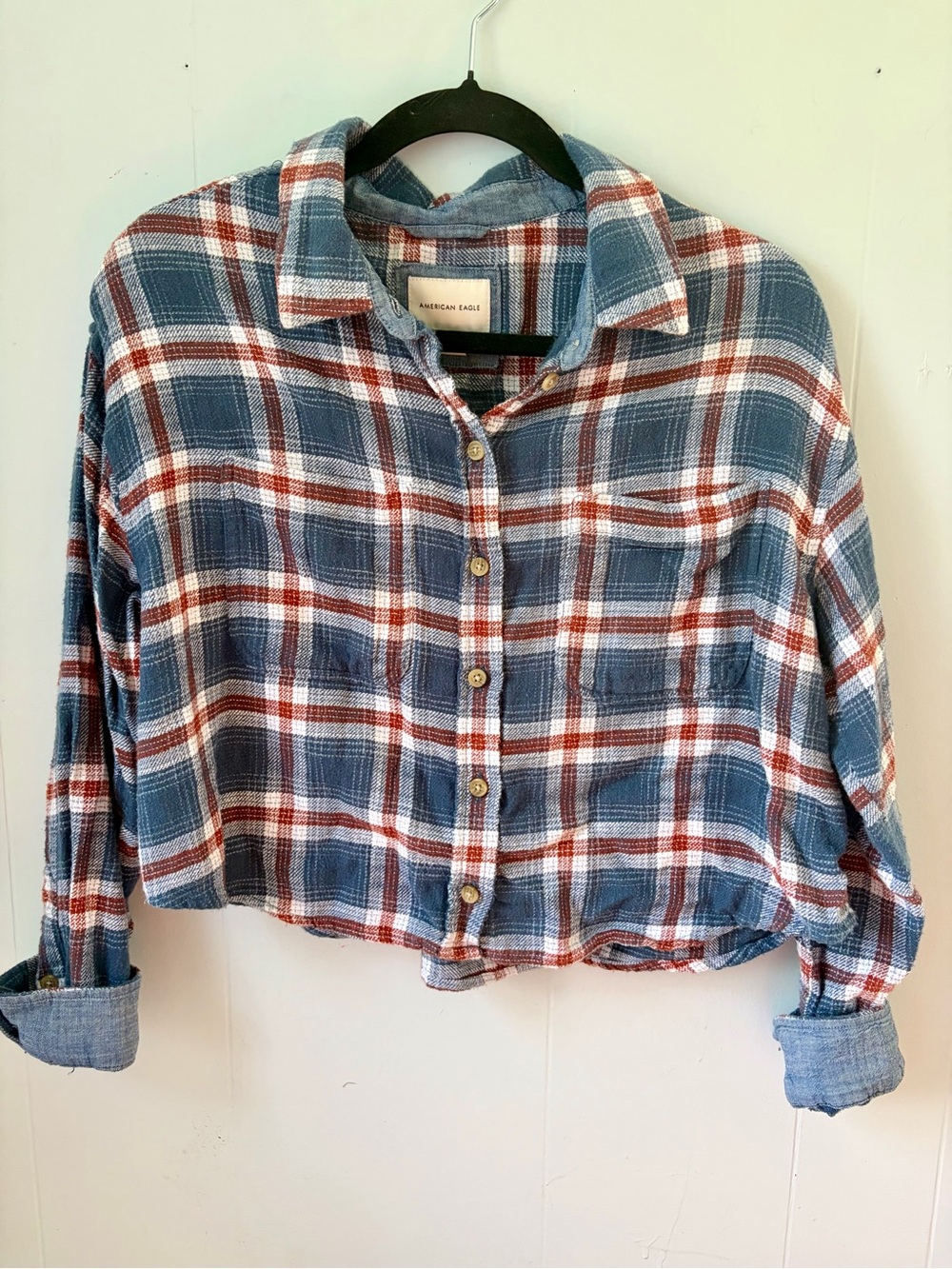 American Eagle Outfitters Blue & Rust Plaid Cropped Button-Down Flannel S